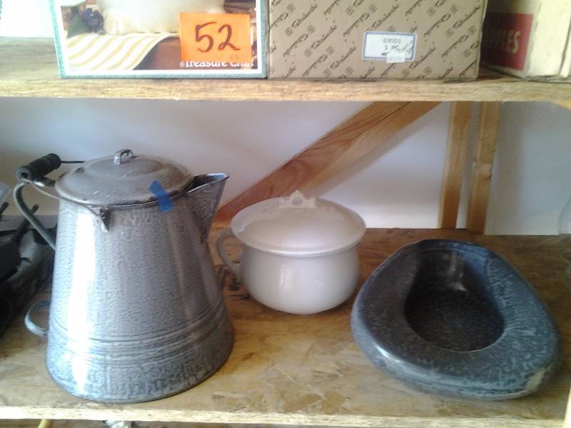 lot 54 image: Johnson Bros. (Ironstone) Chamber Pot With Lid, Enamel Kettle & Bed Pan