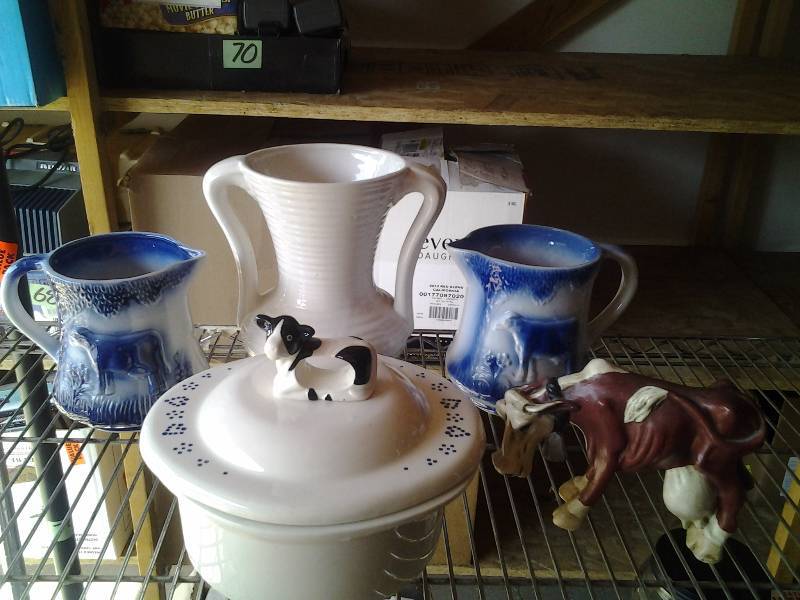 lot 57 image: 2-Cow Pitchers, Vintage Vase, Cow Casserole, Cow Figure