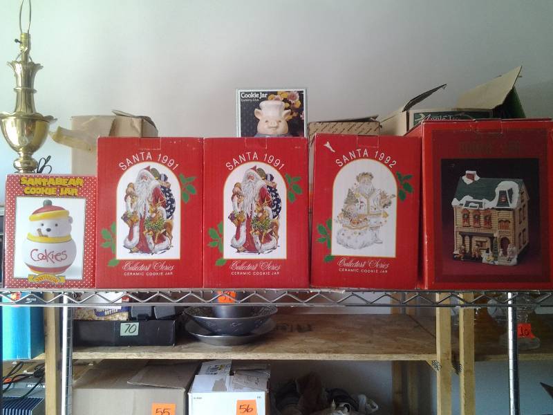 lot 60 image: 3-Collector Choice Cookie Jars, 1-House Cookie Jar, 1-Santa Bear Cookie Jar (Daytons)