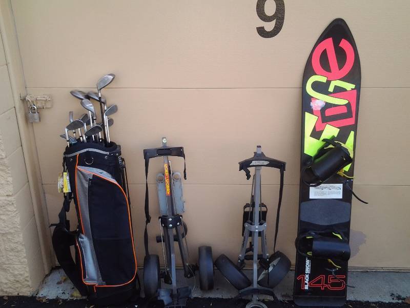 lot 100 image: Lot Of Golf Clubs, Bags & Black Snow Brand 145 Snow Board