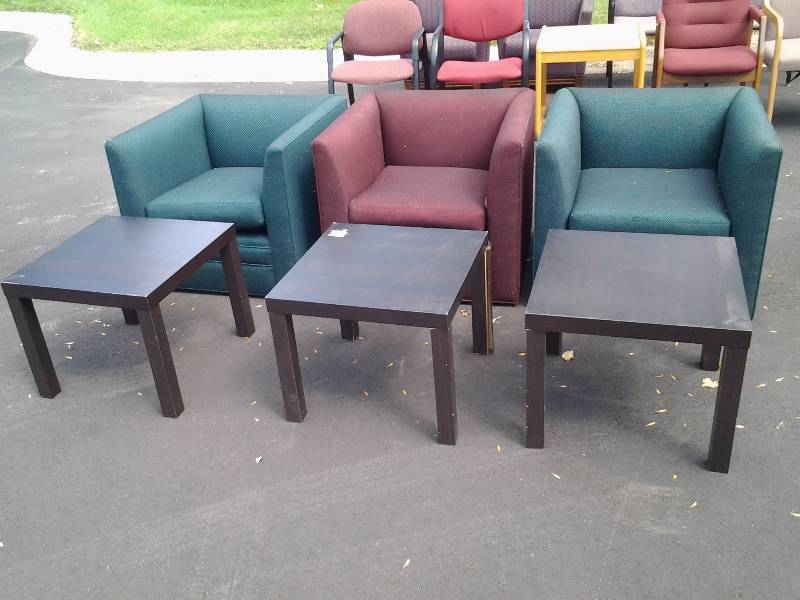 lot 103 image: 3-Upholstered Chairs, 3-Ikea Tables
