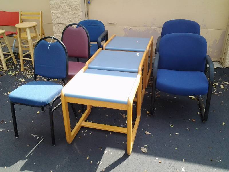 lot 105 image: 3-OakBlue Top Tables 24x24x24, Pair Blue Chairs, 2 Stack Chairs (1-Blue, 1-Burgundy), 1-Other Blue Chair