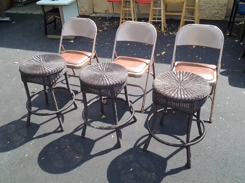 lot 106 image: 3-Wicker Stools, 3-Folding Chairs