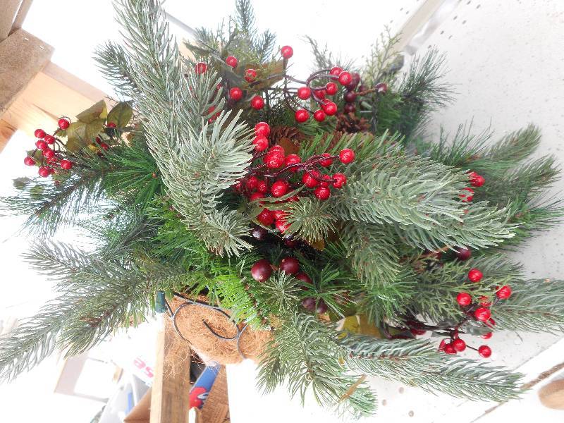 LIGHTED CHRISTMAS GREENS IN WIRE BASKET