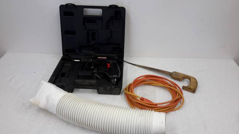 Cordless drill, hand saw, extension cord, vent tube