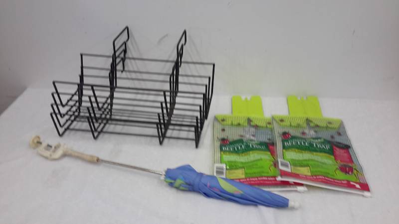 Over rail deck planters, umbrella, beetle traps