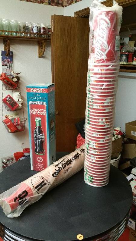 lot 25 image: 100 Capacity 9oz Coca-Cola Cup Dispenser with 9oz Cups and Larger Cups