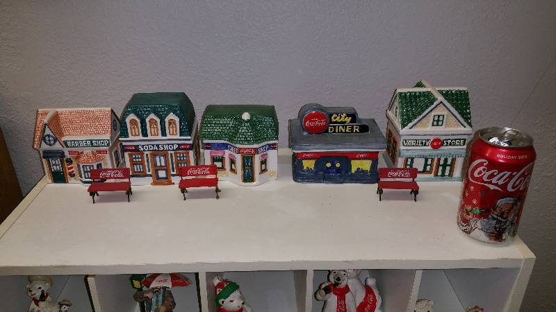lot 38 image: (5) Coca-Cola Canisters w Boxes  3 Benches