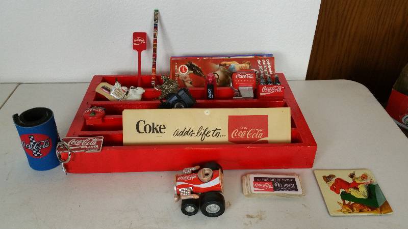 lot 62 image: Red Wooden Box Full of Coca-Cola Collectibles