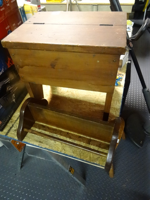 lot 40 image: Vintage Wooden Stool with storage cubby,and Wood Shelf