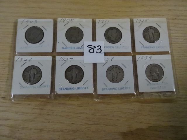 lot 83 image: Old Coins (quarters) Standing Liberty BarberWashington 1903-1939