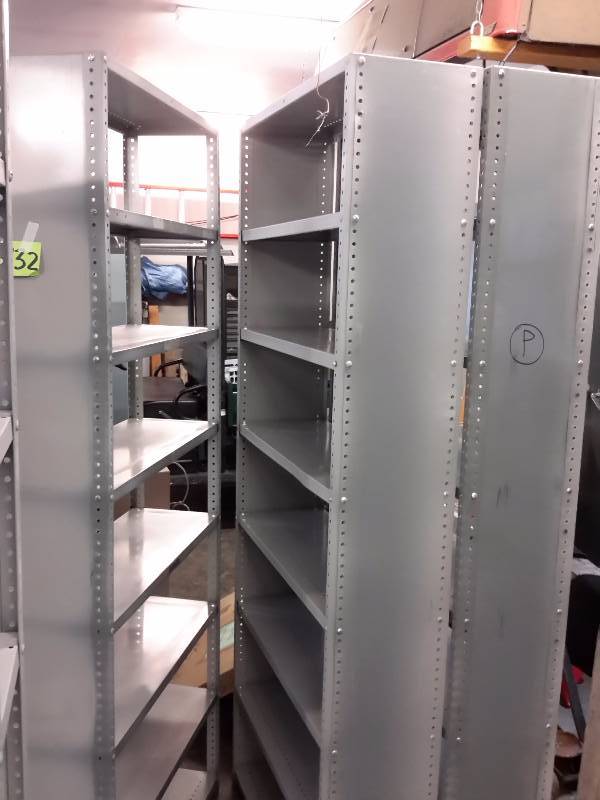 lot 132 image: 3, Metal Shelving units.. 36in x 12in x 87 in h..  No sides or back on most of them.