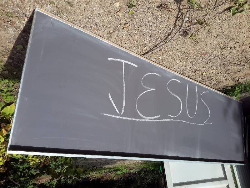 lot 14 image: Large Blackboard, 14 ft x 49 in.. Have Aluminum Frame has cork strip along top for hanging items.