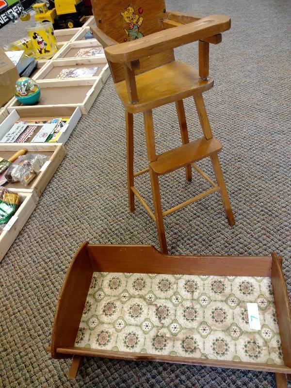 lot 7 image: Vintage Doll Cradle and High Chair