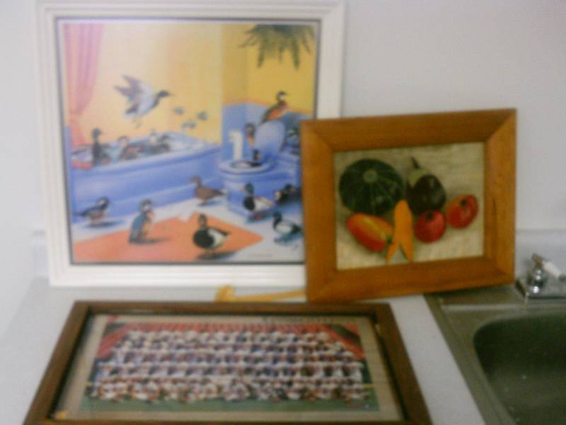 lot 81 image: Monte Dolck Art - Frame with Glass Ducks in bath, veggie print