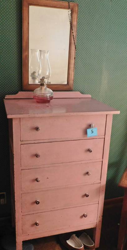 vintage dresser, mirror and oil lamp