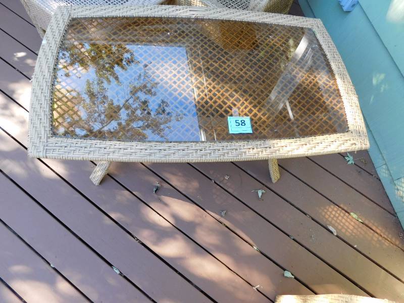 vinyl wicker rectangular outdoor table with amber glass top