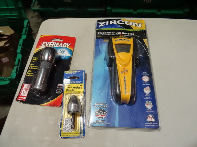 NEW Zircon Stud Sensor, Eveready Flashlight and 1  4 in keyless chuck