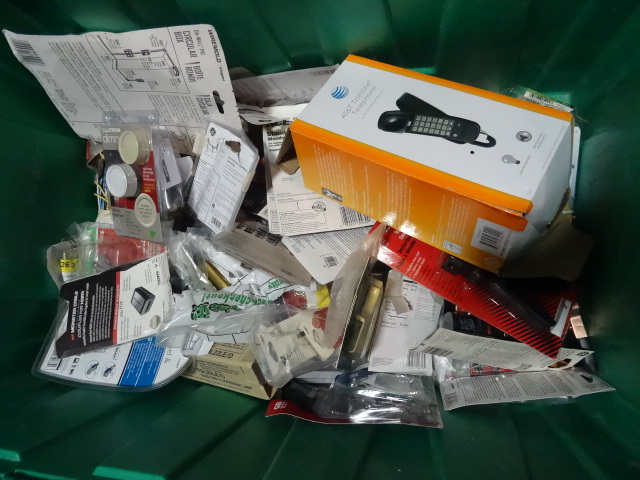 NEW Entire Bin of Misc Electrical Hardware Items including Phone, coax cable stripper and much more. GREEN BIN NOT INCLUDED