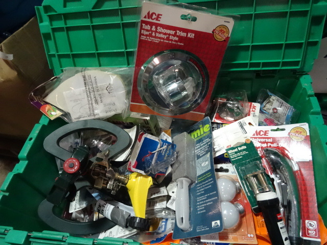 NEW Entire Bin Misc Hardware Lot with Lawn Sprinklers,  lots of Plumbing and More. GREEN BIN NOT INCLUDED