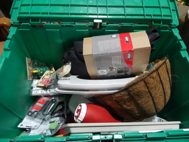 NEW Entire Bin of Misc Hardware Items incl Toilet Seat, Grill Cover, Dog Toys, Arrow Stapler, Drawer Tracks and MUCH MORE. GREEN BIN NOT INCLUDED.