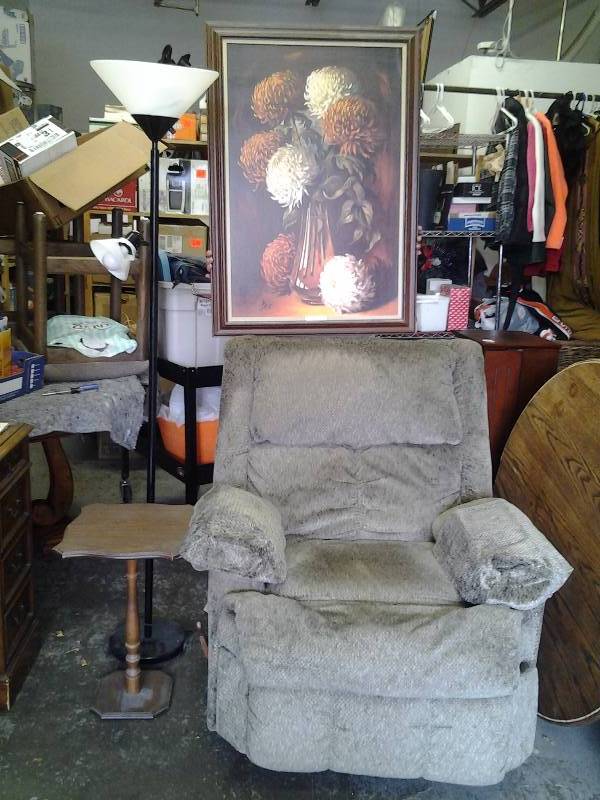 lot 11 image: Sage Green Recliner By Douglas Furniture, Table, Framed Print, Lamp