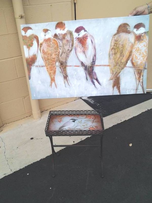lot 16 image: Canvas Bird Painting By Dominguez 20x32 & Small Bird TableTray 9x15x18