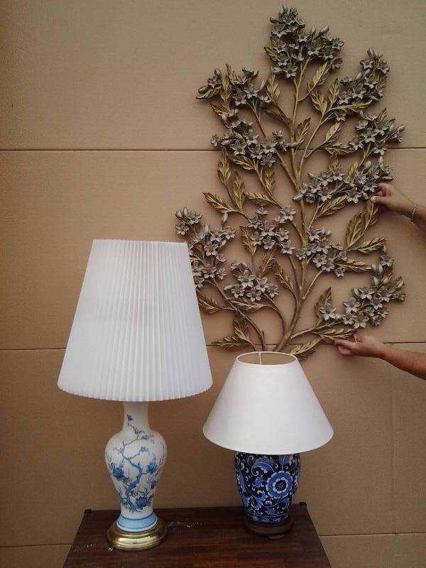 lot 20 image: Large Blossom Wall Decor-Syroco 48x30, 2-Asian Lamps With Shades