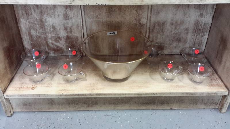 Gold filigreed punch bowl set