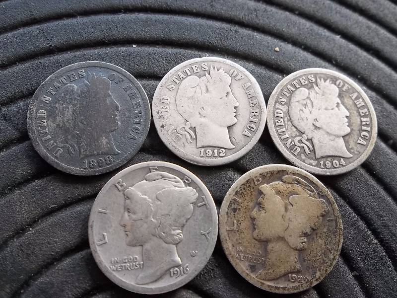 3-Barber Dimes 1898, 1904, 1912. 2-Mercury Dimes 1916, 1929