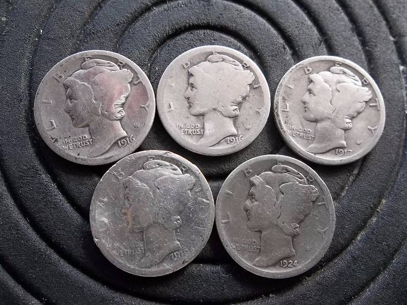 5-Mercury Dimes 1916, 1916 S, 1917, 1918, 1924