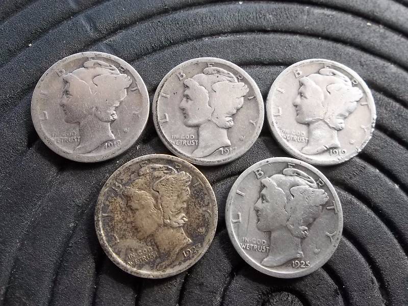 5-Mercury Dimes 1918 S, 1917 D, 1919, 1923, 1925