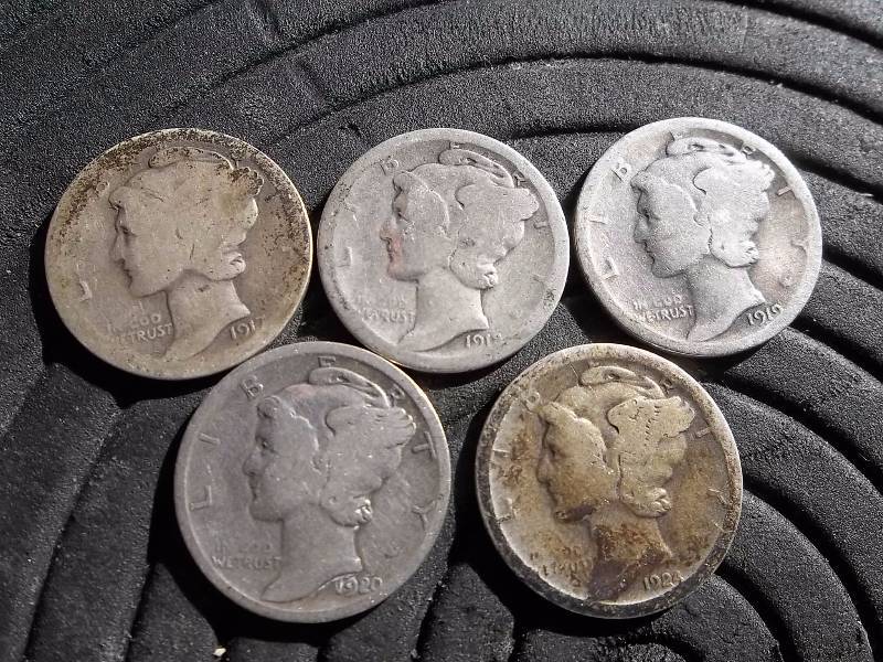 5-Mercury Dimes 1917 S, 1918 D, 1919, 1920, 1924