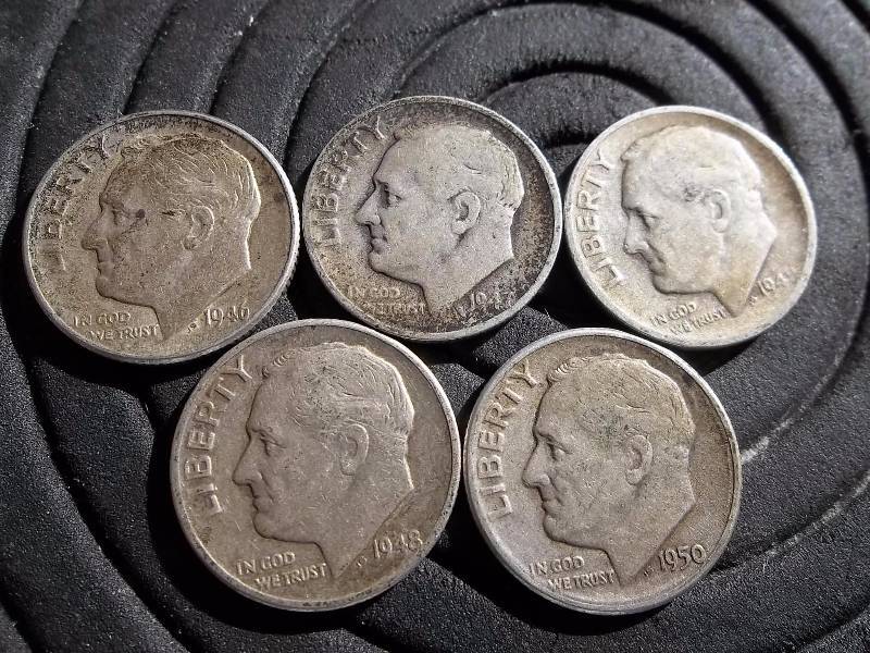 5-Roosevelt Dimes 1946 D, 1947 D, 1948 S, 1948, 1950 D