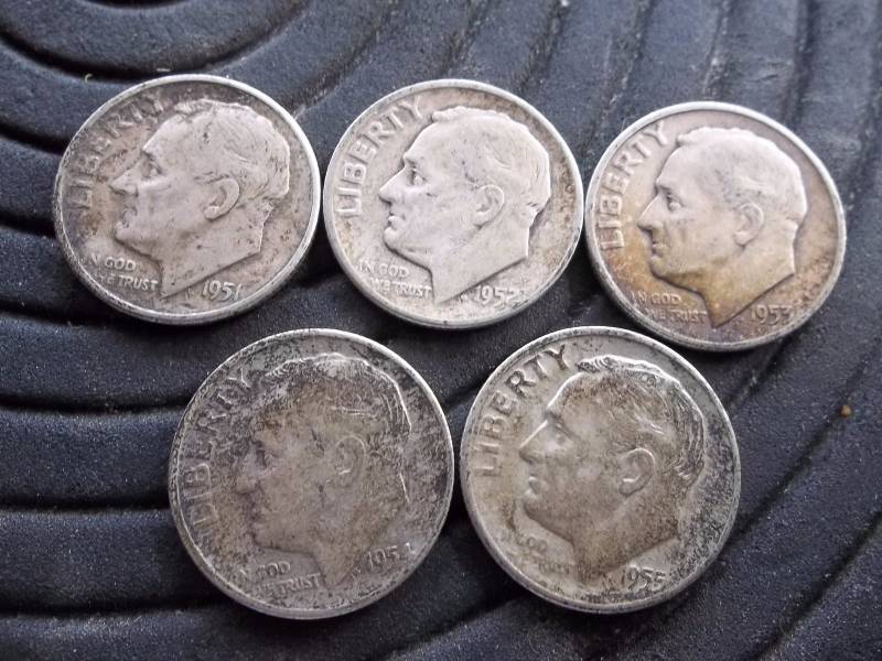 5-Roosevelt Dimes 1951, 1952, 1953, 1954 D, 1955 S