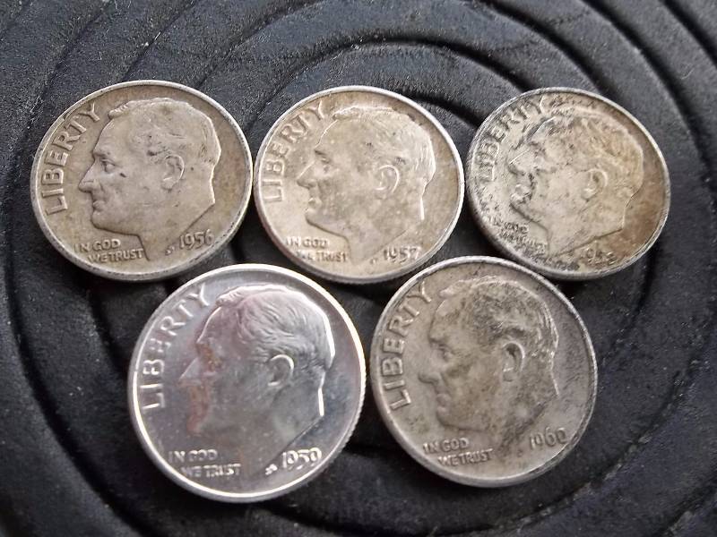 5-Roosevelt Dimes 1956 D, 1957, 1958 D, 1959, 1960 D