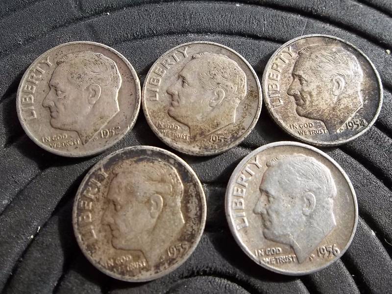 5-Roosevelt Dimes 1952 D, 1953 D, 1954, 1955 D, 1956