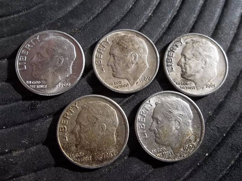 5-Roosevelt Dimes 1960, 1060 D, 1961, 1963 D, 1964 D