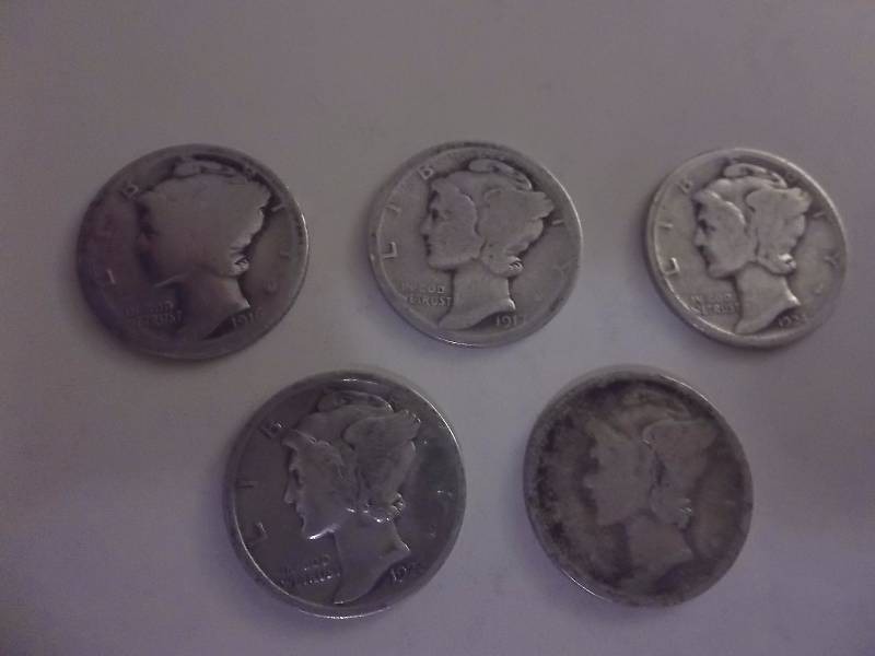5-Mercury Dimes 1916 S, 1917 , 1923, 1924, 1926 D