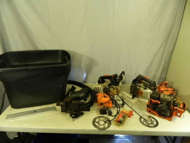 lot 134 image: Bench Vise, Stihl Chainsaw Parts, Etc