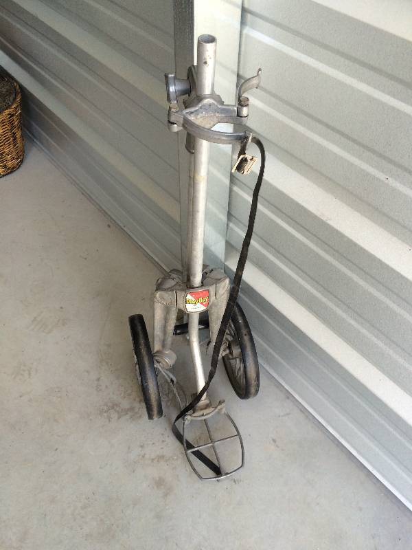 lot 43 image: Vintage Golf Cart with Assorted Bags and Clubs