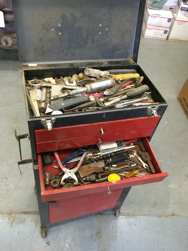 Tool Box on wheels  and assorted tools