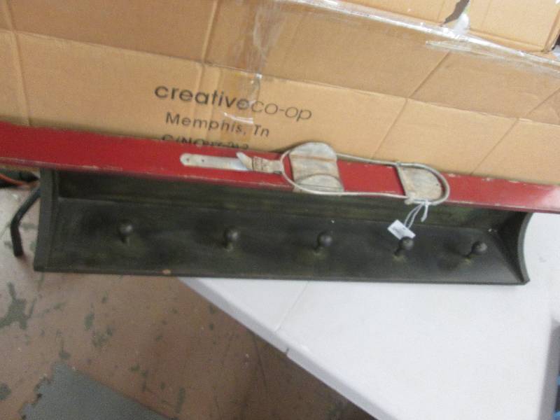 lot 126 image: Wood Wall Shelf, Vintage Skis 5 Peg...