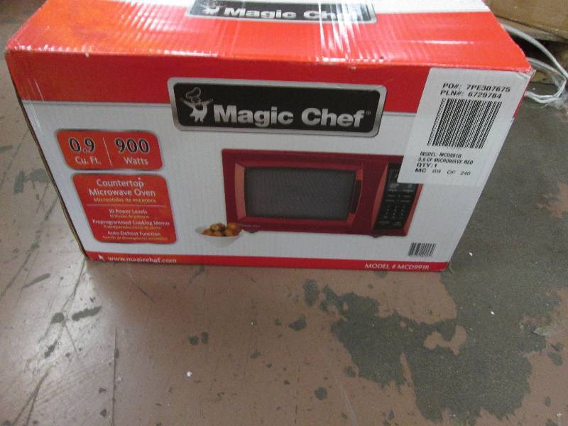 lot 129 image: 0.9 cu ft Red Microwave by Magic Ch...