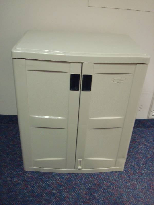 Plastic Garage Storage Bin, Some Wear, Missing Shelf