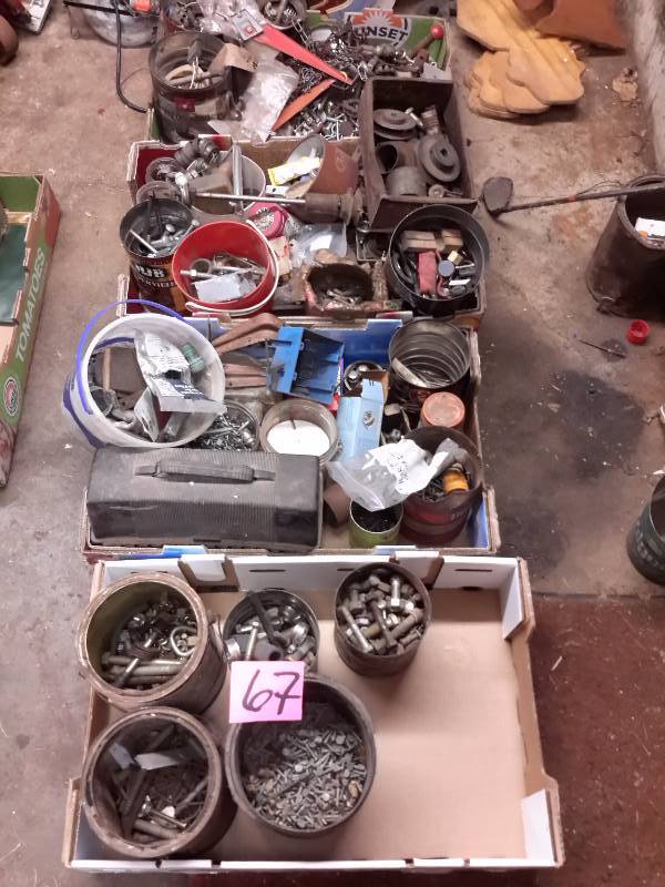 lot 67 image: Misc. Screws, Bolts and other items as pictured.. LOTS of good stuff here.. TAKE IT ALL.. In flat boxes