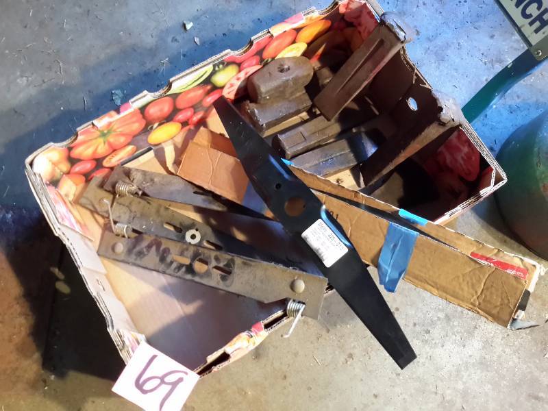 lot 69 image: Lawn Mower blades, Lawn mower Dethatcher blades, wood splitting wedges