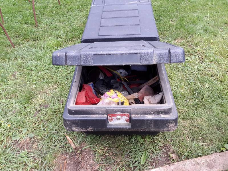 lot 154 image: Plastic Tool box.. Has tools and other items inside.. Take it all.  60 in x 20 in x 17 in.  TUFFBOX.