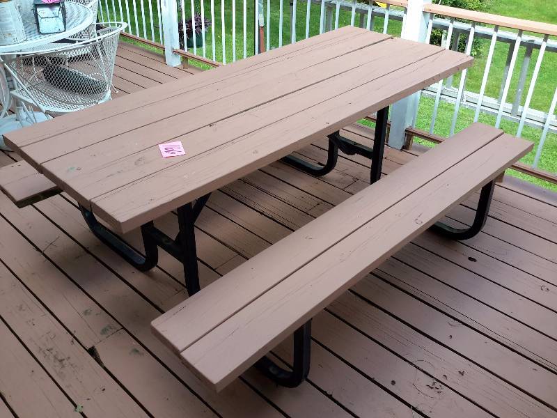 lot 166 image: VERY NICE Picnic table. Metal frame heavy wood top.  72 in long