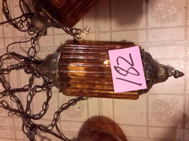 lot 182 image: 4, Mid Century Modern style AMBER GLASS hanging lights.. Untested